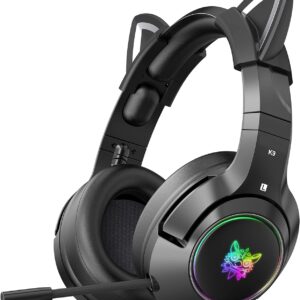 Gaming Headset with Removable Cat Ears, Compatible with PC PS4 PS5 Xbox One(Adapter Not Included) Mobile Phones, with Surround Sound, RGB Backlight & Noise Canceling Retractable Microphone