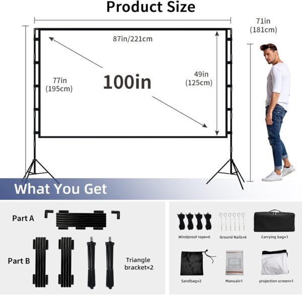 Projector Screen with Stand, Wootfairy 100 inch Foldable and Portable Projection Screen 16:9 4K HD Rear Front Wrinkle-Free Movie Screen with Carry Bag for Indoor Outdoor Home Theater Backyard Cinema - Image 2