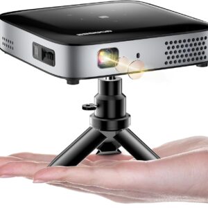 GooDee WiFi Bluetooth Mini Projector - 4K DLP Projector 1080P Support Pocket Pico Movie Projector with Tripod, Outdoor Video Portable Rechargeable Battery Short Throw for iPhone/Android