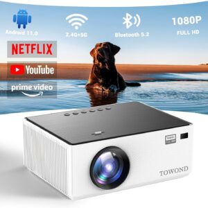 Mini Projector with Android TV 11.0, Towond Smart Projector with Wifi and Bluetooth, Portable Native 1080p Projector Built-in Netflix, Movie Projector for Outdoor/Indoor Home Cinema with 8,000+ Apps