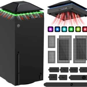 Cooling Fan Dust Proof for Xbox Series X Console with Colorful Light Strip,MENEEA Dust Cover Filter,Rubber Plugs,Low Noise Top Fan with 3 Gears,Cooler&Light Independent Touch Switch, 2 USB Port