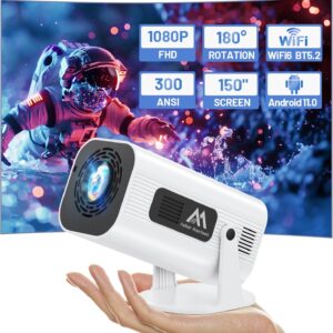 Mini Projector with WiFi and Bluetooth, 180°Adjustable Stand Portable Projector, Support 2.4G/5G WiFi6, 150" Smart Projector with Android TV 11.0, 1080P, Auto Keyston Outdoor/Home Theater, White