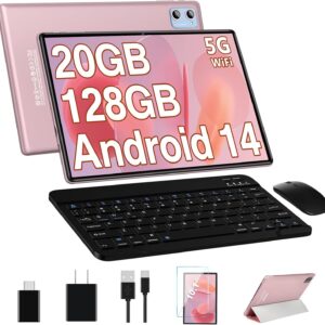 Android 14 Tablet 10.1 Inch Tablets, 20GB RAM 128GB ROM 1TB Expand Octa-Core Tablet 2024 Newest with Keyboard Mouse, 1280x800 IPS HD Touchscreen, Bluetooth GPS WI-FI (Rose Gold/Pink)