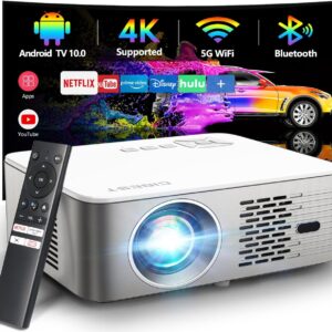 Projector 4K Support with 5G WiFi Bluetooth, CIBEST Android TV 10 Native 1080P Full-Sealed Optical Engine Home Movie Outdoor Projector with Netflix/Prime Video Built-in, Autofocus, Apps, Stereo Sound