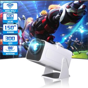 Mini Projector with WiFi and Bluetooth, 180°Rotatable Portable Projector, 1080P 2.4G/5G WiFi6, Short Throw Smart Projector with Android TV 11.0, Auto Keystone, 150" Screen Theater Projector, White