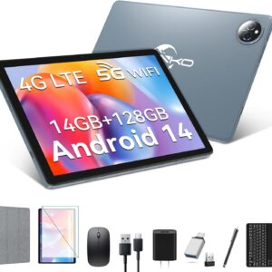 Tablet 10 inch 2024 Newest Android 14 Tablet with 128GB Rom+14GB Ram+2TB Expand, 4G Cellular Tablets with Dual Sim Slot, 2 in 1 Tablet with Case/Keyboard/Mouse, 5G Wifi, Octa-Core GPS 8000mAh (Grey)