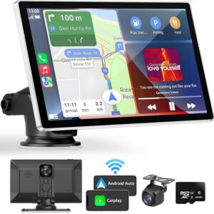 Portable Apple Carplay Screen for Car, 9" Wireless Apple Carplay & Android Auto,4K Dash Cam,1080p Backup Camera DVR,Car Audio Receivers GPS Navigation Mirror Link, Bluetooth,FM, Siri