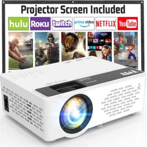 TMY Mini Projector, Upgraded Bluetooth Projector with Screen, 1080P Full HD Portable Projector, Movie Projector Compatible with TV Stick Smartphone/HDMI/USB, indoor & outdoor use