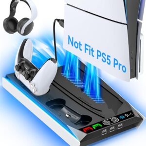 PS5/ PS5 Slim Stand for Disc & Digital Console, PS5 Cooling & Charging Station with 3-Level Fan & RGB LED, PS5 Controller Charger for PS5 & Edge Controller, PS5/Slim Accessories with 3 Charging Ports