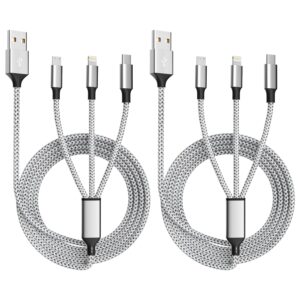Multi Charging Cable, (2 Pack 4FT) 3 in 1 Charging Cable Nylon Braided Multi Charger Cable for Multiple Devices USB Fast Charging Cord with Type-C, Micro USB, IP Port for Most Phones/iPhones/Tablets