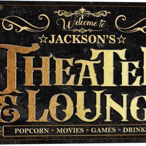 BMYDIY Personalized Theater and Lounge Wall Decor with Family Name Custom Vintage Rustic Movie Theater Wall Art Canvas Prints for Home Cinema, Entertainment Hall, Living Room, Lounge