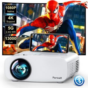 5G WiFi Bluetooth Projector, Pericat Native 1080P Movie Projector for Phone, Portable Outdoor Projector, 13000L Home Theater Video Projector, Mini Projector Compatible w/ PC, HDMI, USB, TV Stick, PS5