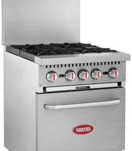 Kratos Commercial Gas Range & Oven, 4 Burners and Full Size Oven, Gas Powered, 150,000 Total BTU Output, 24" Wide (29Y-043-NAT)
