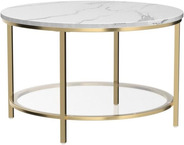YITAHOME White Marble Round Coffee Table with Glass for Living Room, 2-Tier Circle Coffee Table with Storage Clear Coffee Table, Simple Modern Center Cocktail Table, White & Gold - Image 5