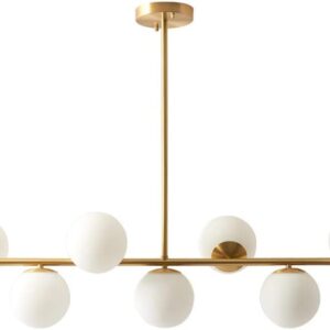 KCO Lighting Modern Brass Linear Chandelier Pendant Light 7-Lights Gold and White Glass Pendant Lighting Mid Century Globe Dining Light Fixture for Living Room Kitchen