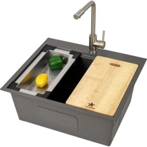 STARSTAR Workstation Ledge Topmount/Drop-in Single Bowl Satin Matte Stainless Steel Kitchen/Yard/Bar/Laundry/Office Sink, With Grid, Colander, Cutting Board, Strainer (22x22x12 Black)