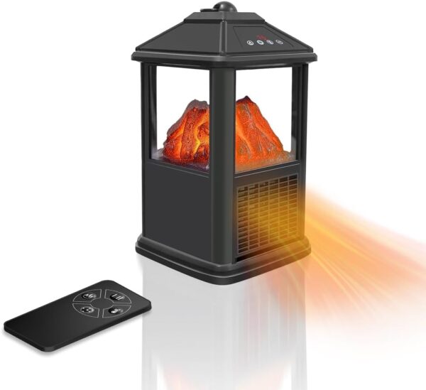 Portable Small Electric Fireplace Heater 3-Color Flame 900W Freestanding Space Heater Mini Electric Stove Heater with 4 Sided 59-90℉ Thermostat 12h-Timer Remote Control Overheat&Tip-Over Protection