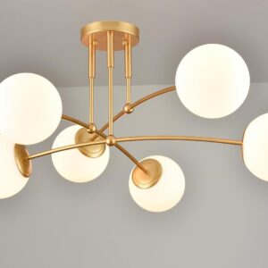 CLAXY Mid Century Gold Ceiling Light Semi Flush Mount Opal Globe Chandelier 6-Light Ceiling Chandelier for Bedroom Living Room