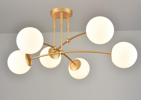CLAXY Mid Century Gold Ceiling Light Semi Flush Mount Opal Globe Chandelier 6-Light Ceiling Chandelier for Bedroom Living Room
