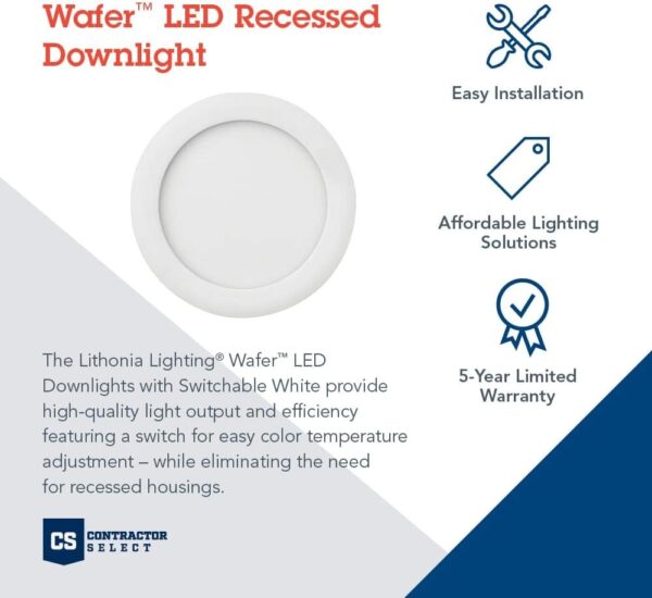 Lithonia Lighting WF6 LED 30K40K50K 90CRI MW M6 Recessed Wafer Downlight with Ultra Thin Round Trim, Color Temperature Selectable, 3000K | 4000K | 5000K, 6-Inch, Matte White - Image 2