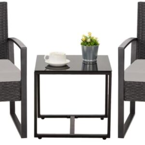 HYDRAGARDEN 3PCS Patio Furniture Set, Outdoor Wicker Bistro Conversation Set with Padded Cushions & Glass Table, Garden Rattan Chair Set for Porch Balcony Backyard (Plus Black Wicker & Grey Cushions)