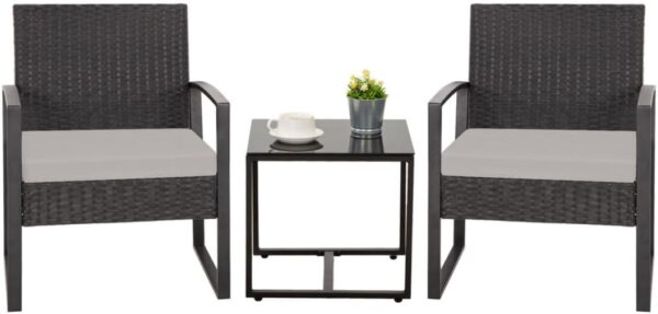 HYDRAGARDEN 3PCS Patio Furniture Set, Outdoor Wicker Bistro Conversation Set with Padded Cushions & Glass Table, Garden Rattan Chair Set for Porch Balcony Backyard (Plus Black Wicker & Grey Cushions)