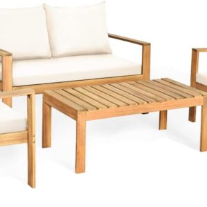 Tangkula Outdoor 4-Piece Acacia Wood Chat Set, 4 Seater Acacia Wood Conversation Sofa and Table Set with Water Resistant Cushions, Teak Finished (1, White)