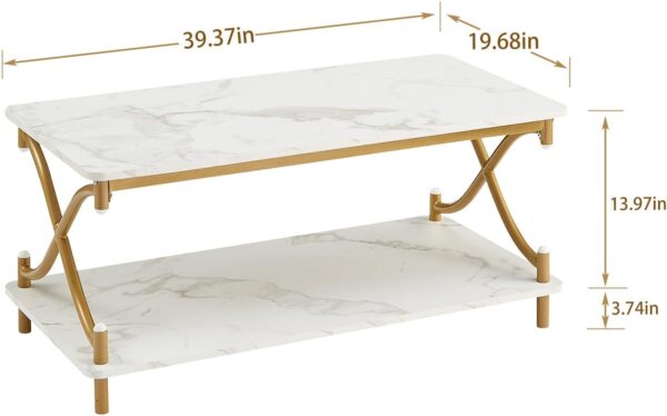 VECELO White and Gold Coffee Table with Storage and Open Shelves for Living Dining Room 39-Inch, Modern Rectangle & Industrial Design, X-Shape Frame, Easy Assemble - Image 3
