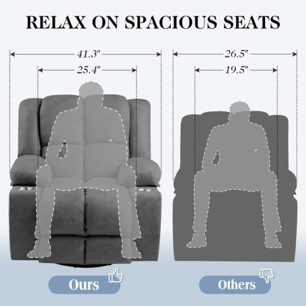 Oversized Swivel Rocking Recliner Chairs for Adults, Lazy Boy Reclining Glider with Cup Holder and Massage,Wide Fabric Rocker Single Sofa for Living Room Bedroom, Dark Grey - Image 6