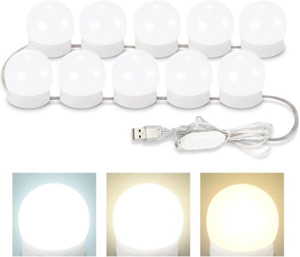 Consciot LED Vanity Lights For Mirror, Hollywood Style Vanity Lights With 10 Dimmable Bulbs, Adjustable Color & Brightness, USB Cable, Mirror Lights Stick on for Makeup Table Dressing Room, White