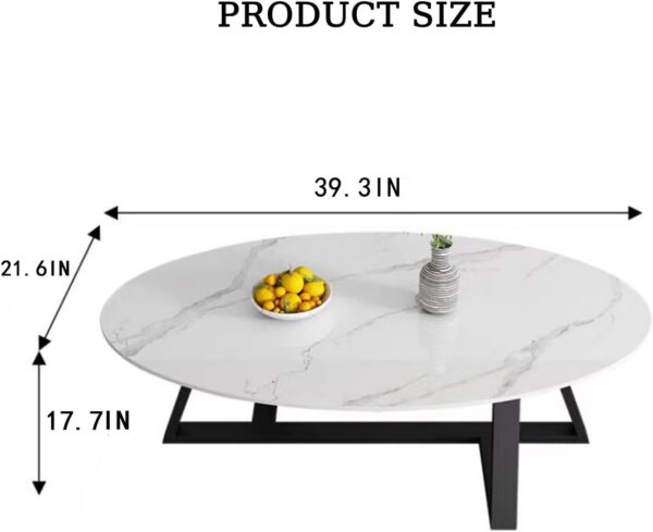 Coffee Table White Faux Marble Coffee Table for Living Room,Oval Modern Center Table Tea Table for Small Space,Wooden Living Room Tables End Table with Sturdy Black Metal Leg - Image 2