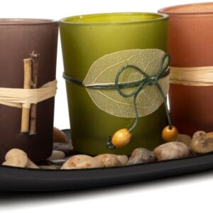 Dawhud Direct Decorative Votive Candle Holders, Vintage Decor Flameless Natural Candlescape Set, 3 LED Tea Light Candles, Rocks and Tray (Natural Earth Tones)