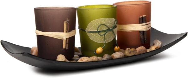 Dawhud Direct Decorative Votive Candle Holders, Vintage Decor Flameless Natural Candlescape Set, 3 LED Tea Light Candles, Rocks and Tray (Natural Earth Tones)