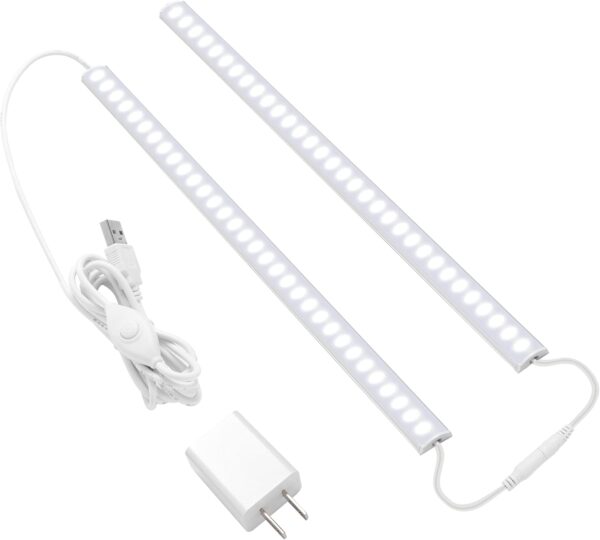 JUSJUBR Plug-in Under Cabinet Lighting, 2pcs 12 Inch Dimmable Closet Light, Cold White 6000K Linkable USB LED Light Bar, Memory Function, Under Counter Lights for Kitchen, Desk, Workspace