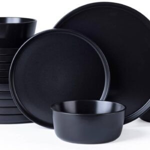 AmorArc Ceramic Dinnerware Sets of 6, Modern Flat Stoneware Plates and Bowls Sets,Chip and Crack Resistant | Dishwasher & Microwave Safe Dishes Set,Scratch Resistant- Service for 4 (18pc)-Matte Black