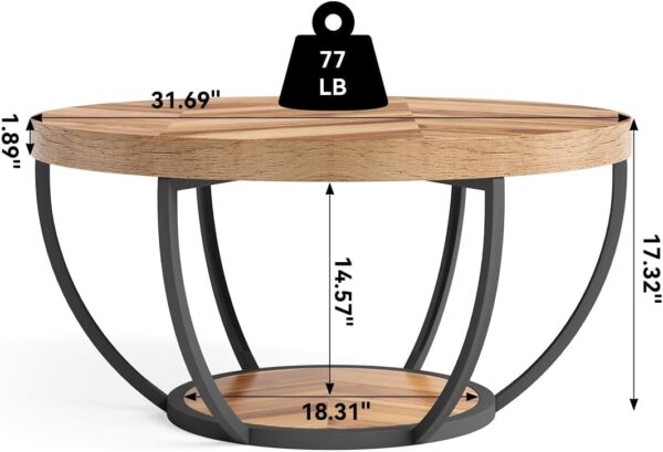 LITTLE TREE Round Coffee Table, 32" Circle Coffee Table for Living Room, 2-Tier Wood Accent Center Table with Open Storage Industrial Design Home Furniture (Wood Grain and Black) - Image 3