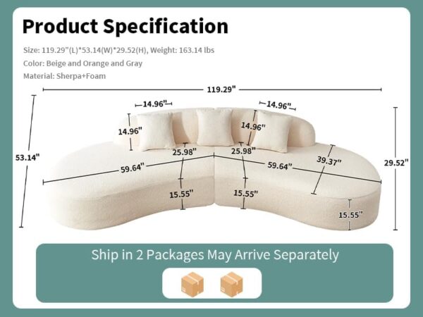 119.29“ Curved Sectional Sofa Couch, Comfy Sherpa Fabric Modern Upholstered Cloud Sofa with 3 Pillow, Oversized Couch for Living Room, Bedroom, Apartment, No Assembly Required, Beige - Image 2
