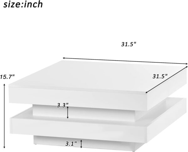 LED Coffee Table for Living Room, 2-Tier Square Center Table, High Gloss Coffee Table with 7-Color Plug-in LED Light, Cocktail Table for Party Home Office Reception, Remote Control, White - Image 2