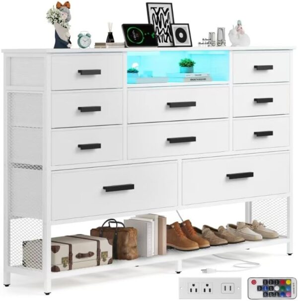 White Dresser for Bedroom with 10 Drawers, Dresser with Charging Station, TV Stand Dresser with LED Light for 55" TV, Fabric Drawer Dresser with PU Finish, Dresser with Shelves for Closet