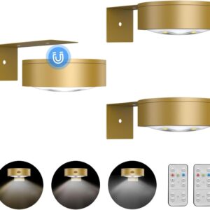 3Pack Picture Light Battery Operated Painting Lights for Wall Wireless Magnetic Display Art Light with Remote Controls,Dimmable&Timer Portrait Light for Art Frame Artworking,Wall Decor Puck Light-Gold