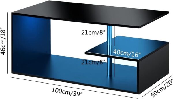 HOMMPA LED Coffee Tables for Living Room Modern Black Coffee Table with S-Shaped 3 Tiers Open Storage Shelf High Gloss Center Sofa Tea Table with LED Lights for Home Office Furniture Black 18" Tall - Image 2