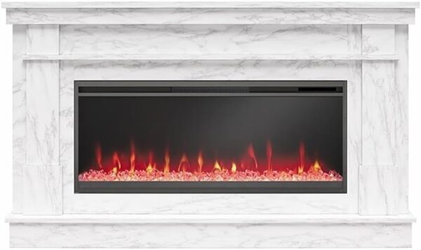 Novogratz Waverly 64 Inch Electric Fireplace with Mantel, Replaceable Fireplace Insert Heater, Remote Control, Timer, Color Changing Crystal Ember Flames, For Living Room or Bedroom, White Marble - Image 5