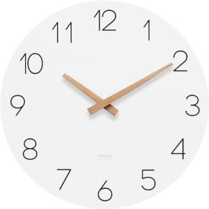 mooas Flatwood Wall Clock,12" Wood Wall Clock Non-Ticking Sweep Movement Decorative Wall Clock Battery Operated Wall Clock for Home Living Room Kitchen Bedroom Office School (Wood)