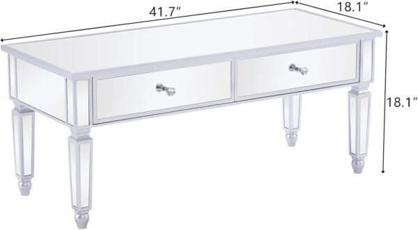 Karl home Silver Coffee Table for Living Room, Modern Mirrored Coffee Table with LED Lights, French Country Design Luxury Mirror Coffee Table with 2 Drawers, Crystal Diamond Knobs - Image 2