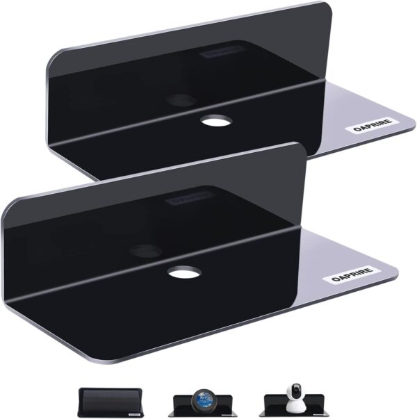 OAPRIRE Acrylic Floating Wall Shelves Set of 2, Damage-Free Expand Wall Space, Small Display Shelf for Smart Speaker/Action Figures with Cable Clips