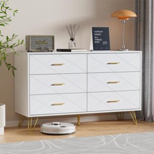 White Dresser for Bedroom, Wood 6 Drawer Double Dresser with Wide Drawers and Gold Handles, Modern Dressers & Chest of Drawers for Hallway, Entryway,Living Room