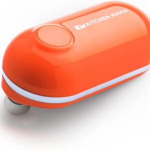Kitchen Mama Mini Electric Can Opener Smooth Edge: Open Cans with A Simple Press of Button - Ultra-Compact, Mini-Sized Space Saver, Portable, Hands Free, Food-Safe, Battery Operated (Orange)