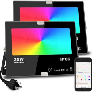 Led Flood Light 300W Equivalent 3000 LM, Outdoor Color Changing Led Stage Landscape Lights, Bluetooth RGBW Smart Floodlights 2700K & 16 Million Colors&Timing& Music Sync, IP66，US 3-Plug (2 Pack)