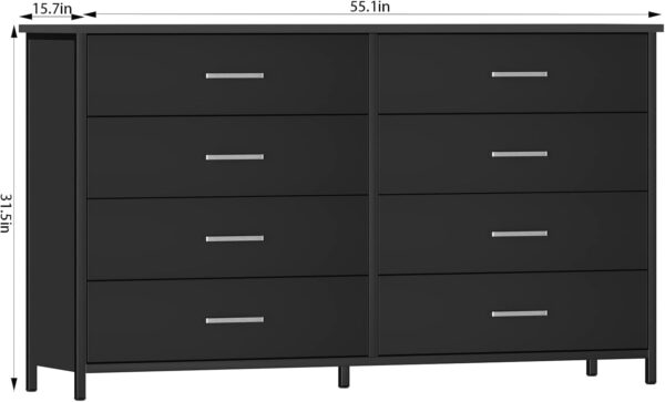 IKENO 8 Drawer Dresser for Bedroom, Industrial Wood Dresser Wide 8 Chest of Drawers, Wooden Storage Organizer Dresser with Sturdy Steel Frame (Black) - Image 2