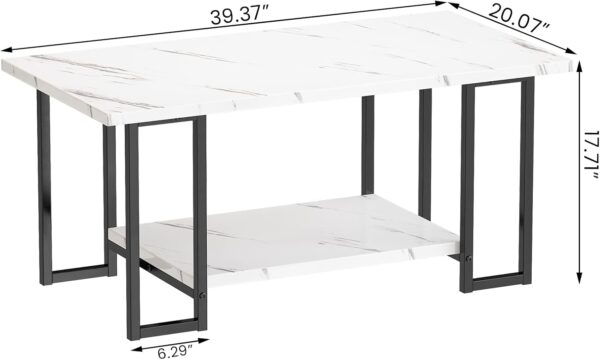AWQM Marble Coffee Table, Faux Marble Top Rectangular Coffee Table with Black Metal Frame, 2 Tier Living Room Table for Living Room, Office, Balcony, White, 40 Inch - Image 2
